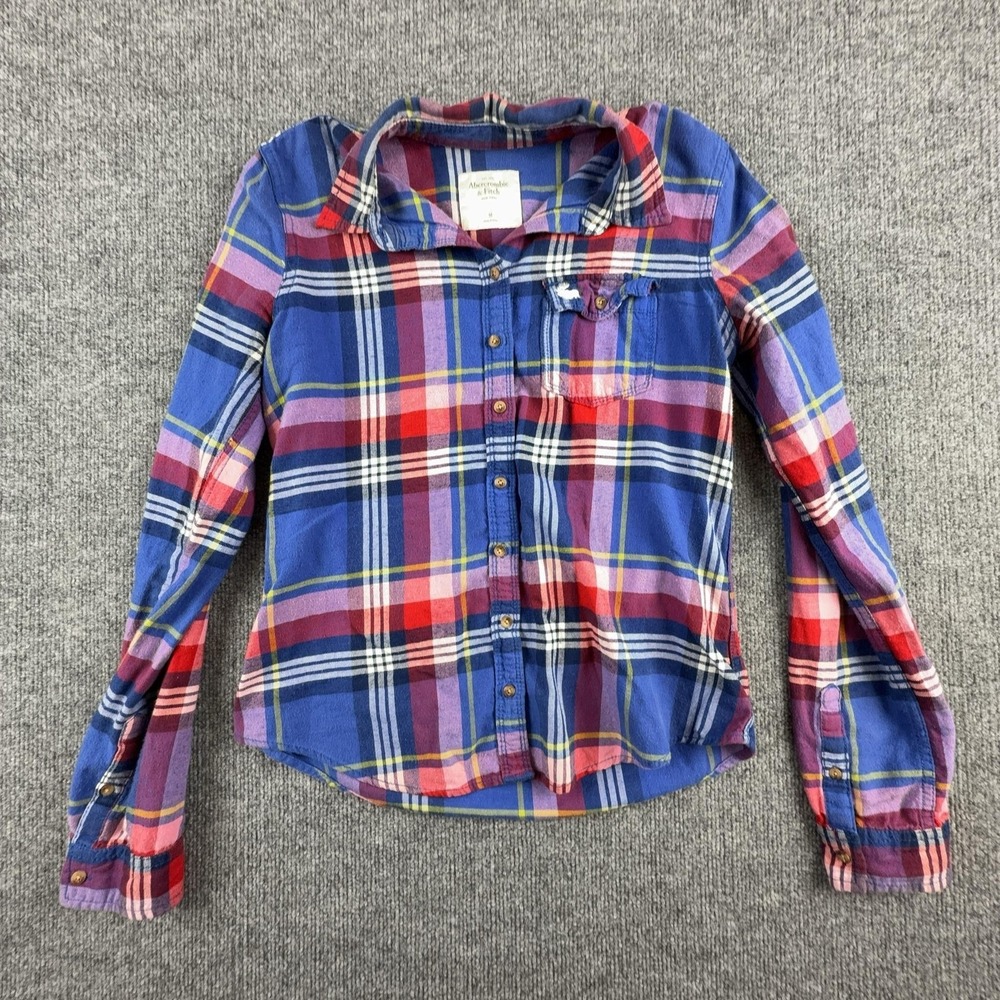Abercrombie & Fitch Shirt Medium Blue Plaid Flannel Long Sleeve Button Up Womens